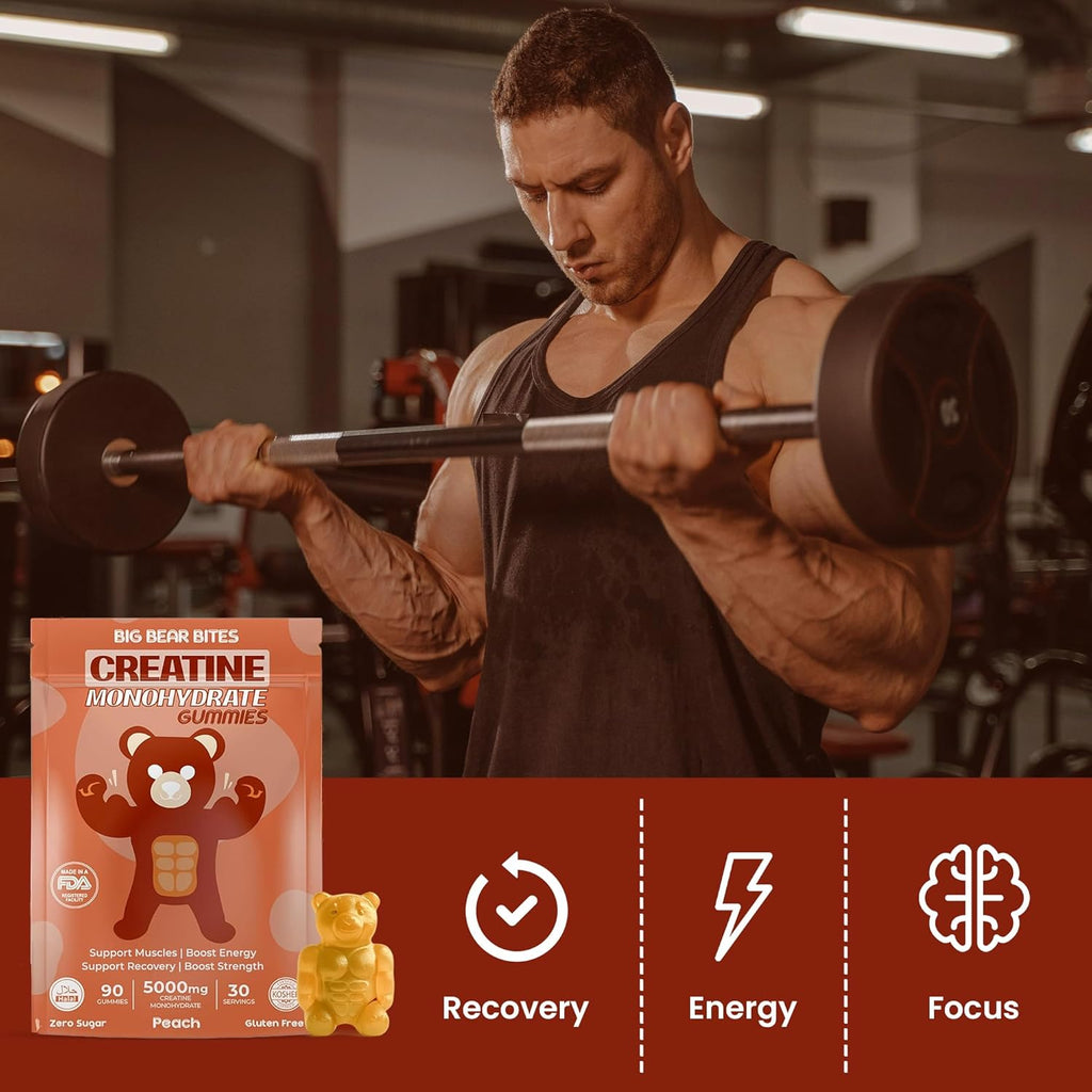 Creatine Monohydrate Gummies for Men & Women | 5000Mg of Creatine Gummies per Serving | Sugar, Gluten Free & Halal | Pack of 90 for Pre Workout & Muscle Recovery | Peach Flavor