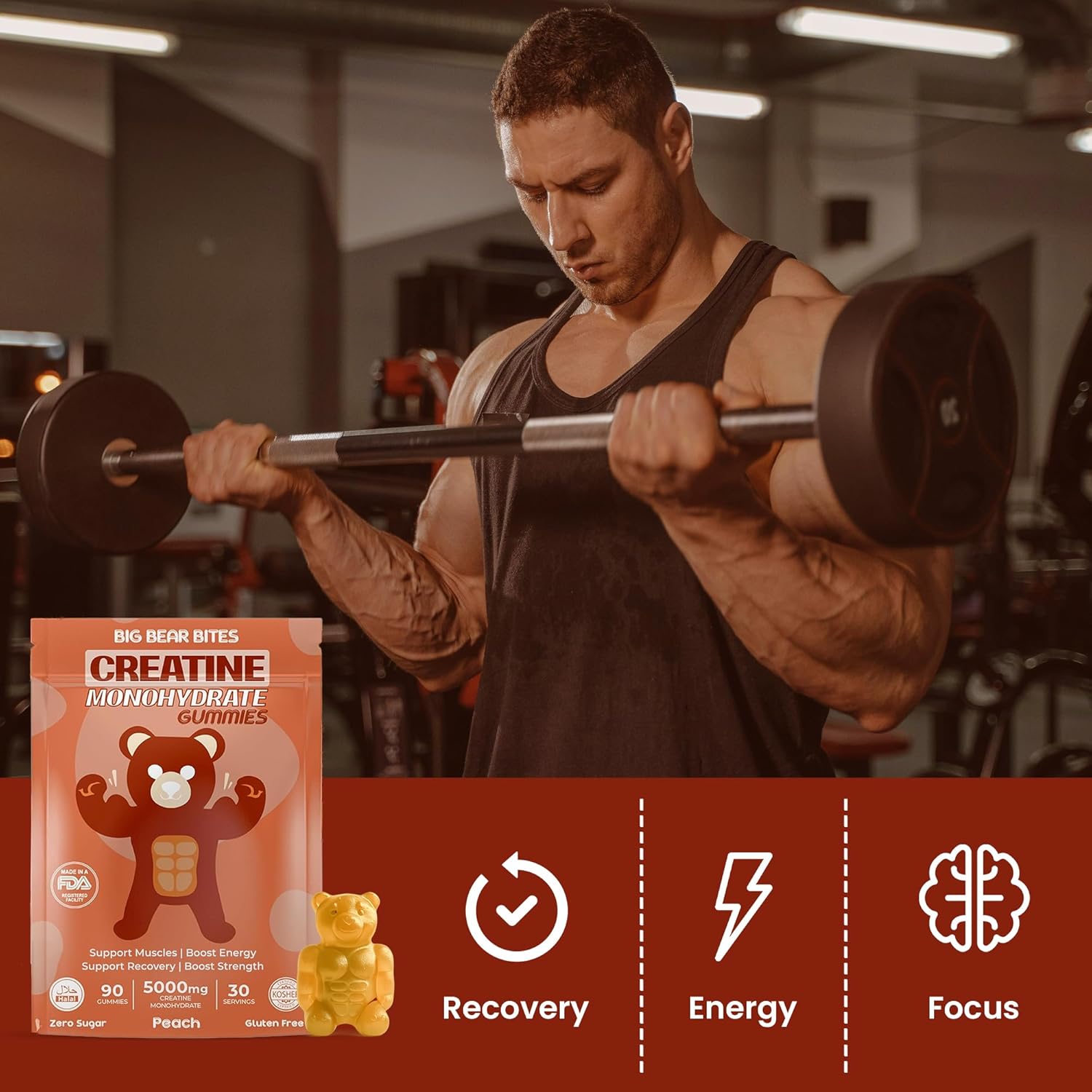 Creatine Monohydrate Gummies for Men & Women | 5000Mg of Creatine Gummies per Serving | Sugar, Gluten Free & Halal | Pack of 90 for Pre Workout & Muscle Recovery | Peach Flavor