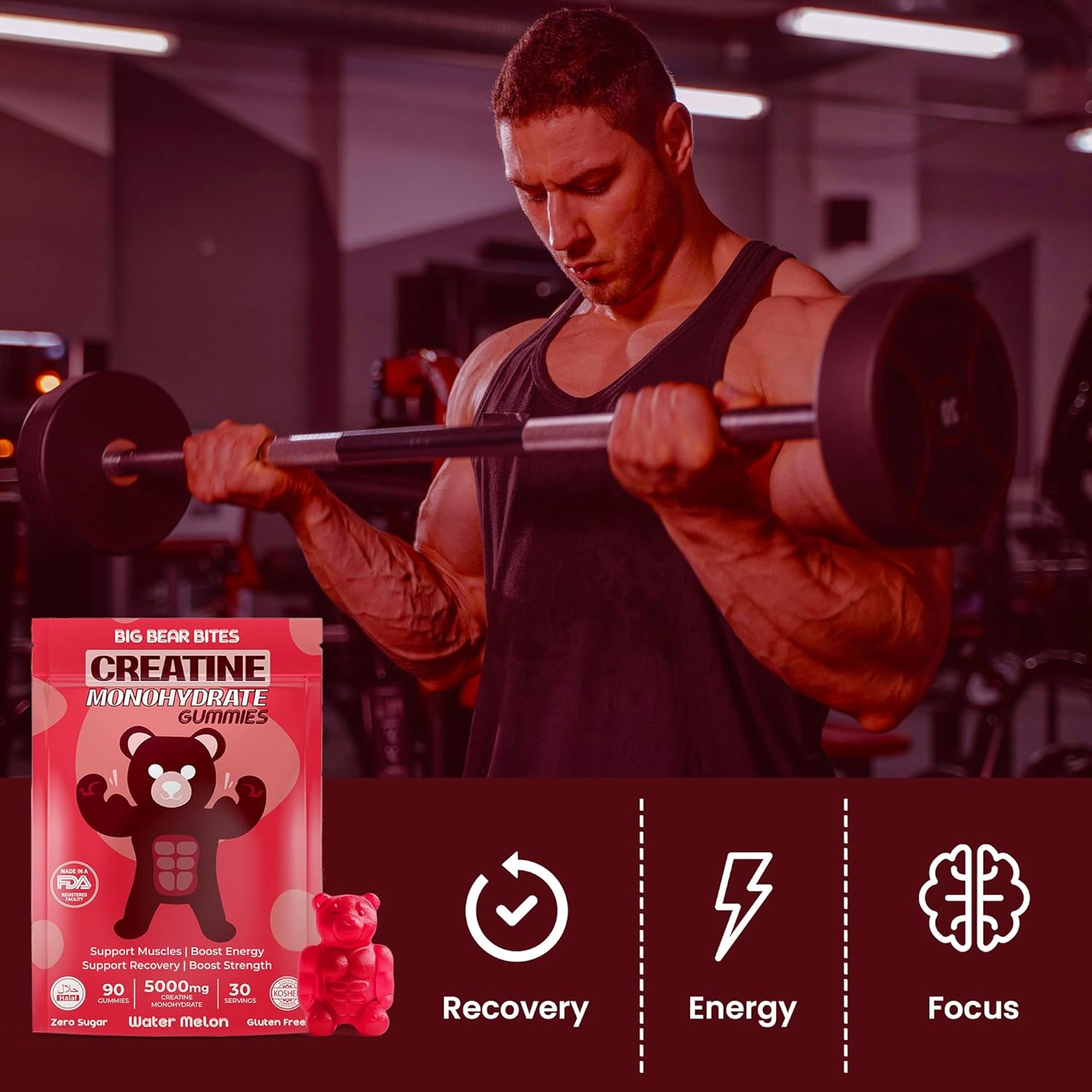 Creatine Monohydrate Gummies for Men & Women | 5000Mg of Creatine Gummies per Serving | Sugar, Gluten Free & Halal | Pack of 90 for Pre Workout & Muscle Recovery | Watermelon Flavor