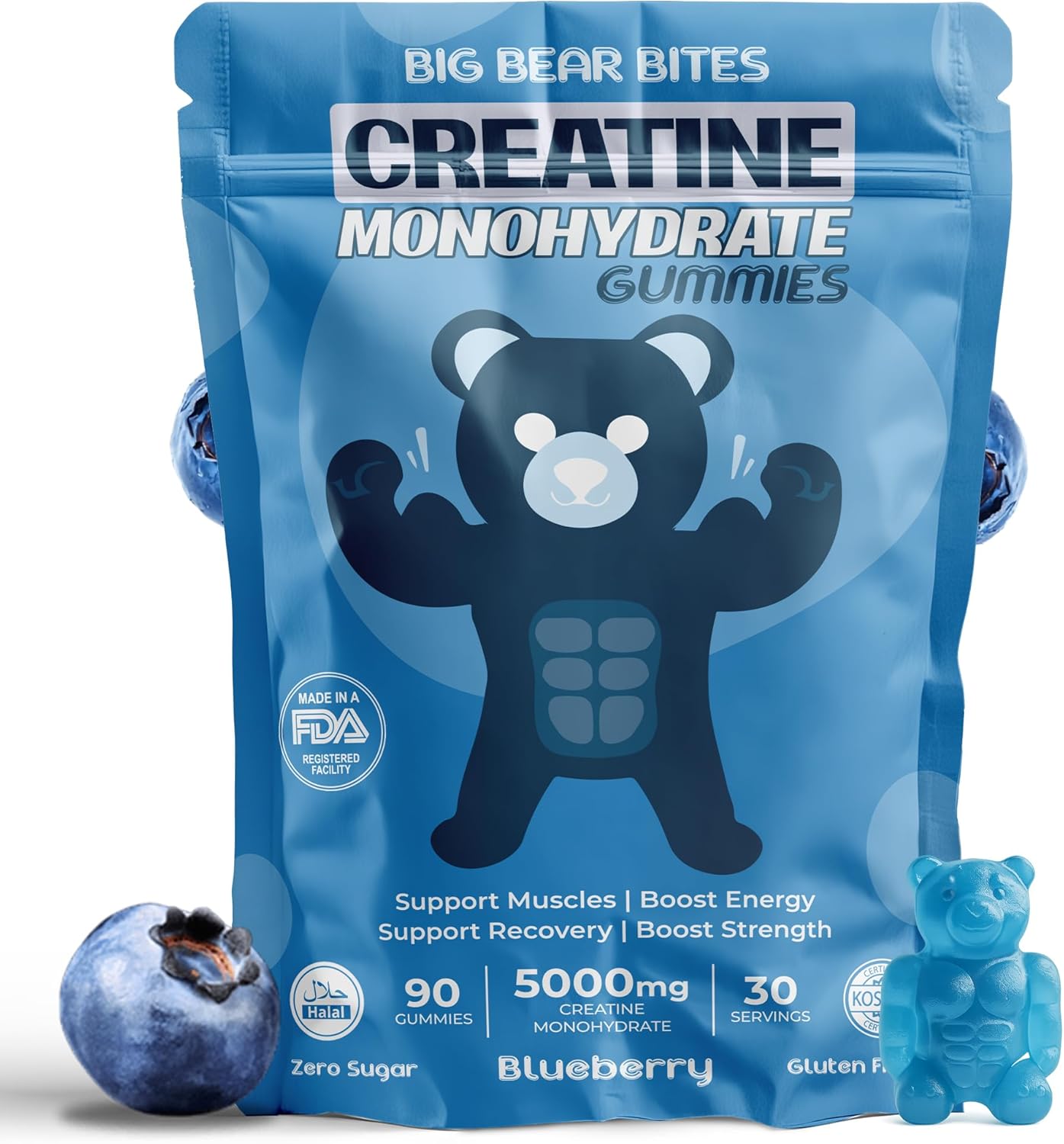 Creatine Monohydrate Gummies for Men & Women | 5000Mg of Creatine Gummies per Serving | Sugar, Gluten Free & Halal | Pack of 90 for Pre Workout & Muscle Recovery | Blueberry Flavor