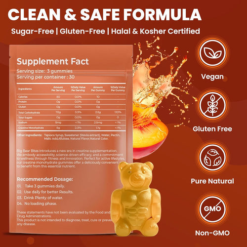 Creatine Monohydrate Gummies for Men & Women | 5000Mg of Creatine Gummies per Serving | Sugar, Gluten Free & Halal | Pack of 90 for Pre Workout & Muscle Recovery | Peach Flavor