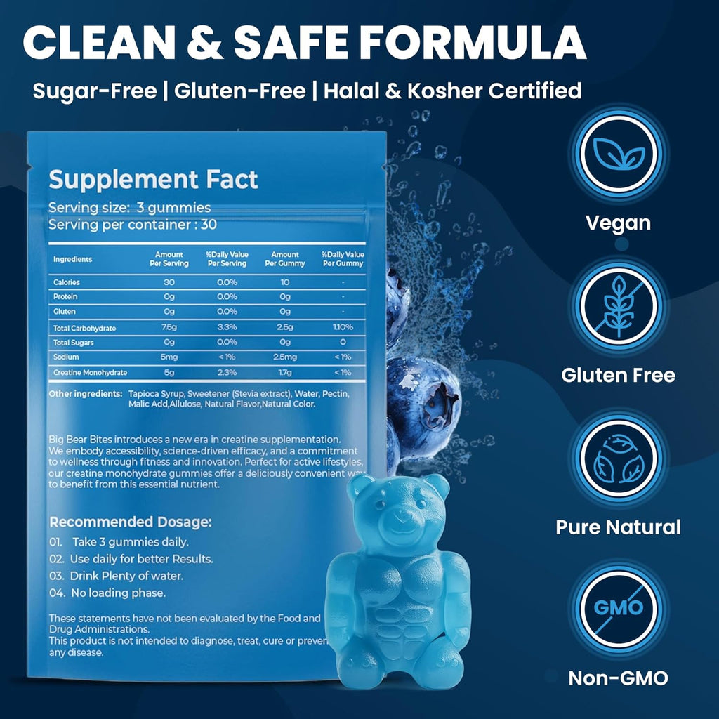 Creatine Monohydrate Gummies for Men & Women | 5000Mg of Creatine Gummies per Serving | Sugar, Gluten Free & Halal | Pack of 90 for Pre Workout & Muscle Recovery | Blueberry Flavor