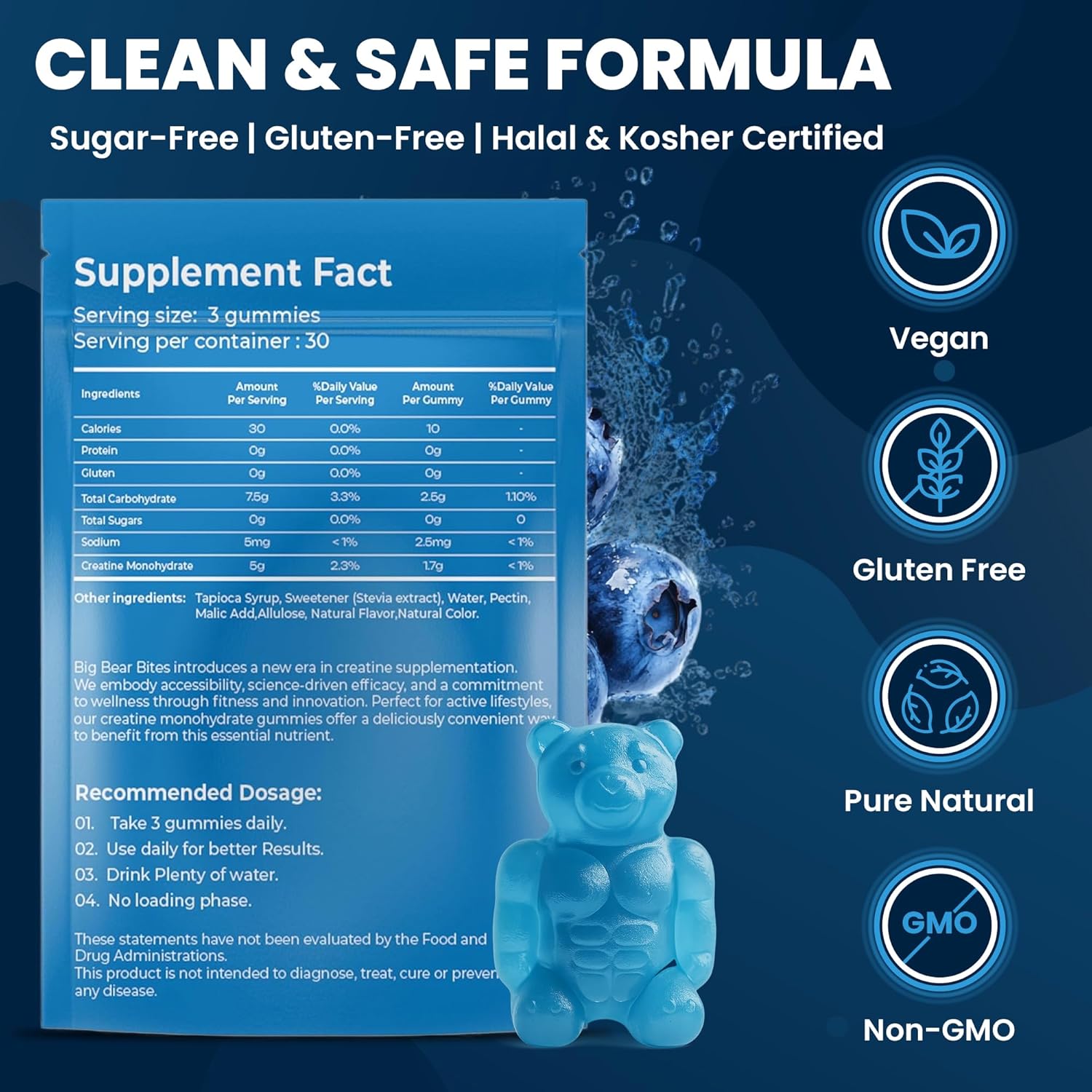 Creatine Monohydrate Gummies for Men & Women | 5000Mg of Creatine Gummies per Serving | Sugar, Gluten Free & Halal | Pack of 90 for Pre Workout & Muscle Recovery | Blueberry Flavor