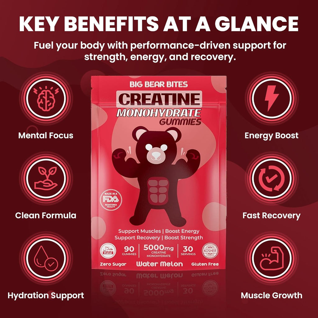 Creatine Monohydrate Gummies for Men & Women | 5000Mg of Creatine Gummies per Serving | Sugar, Gluten Free & Halal | Pack of 90 for Pre Workout & Muscle Recovery | Watermelon Flavor