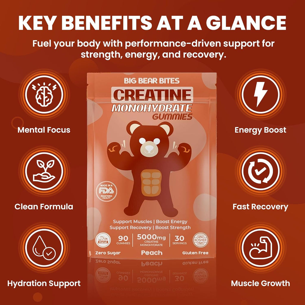 Creatine Monohydrate Gummies for Men & Women | 5000Mg of Creatine Gummies per Serving | Sugar, Gluten Free & Halal | Pack of 90 for Pre Workout & Muscle Recovery | Peach Flavor