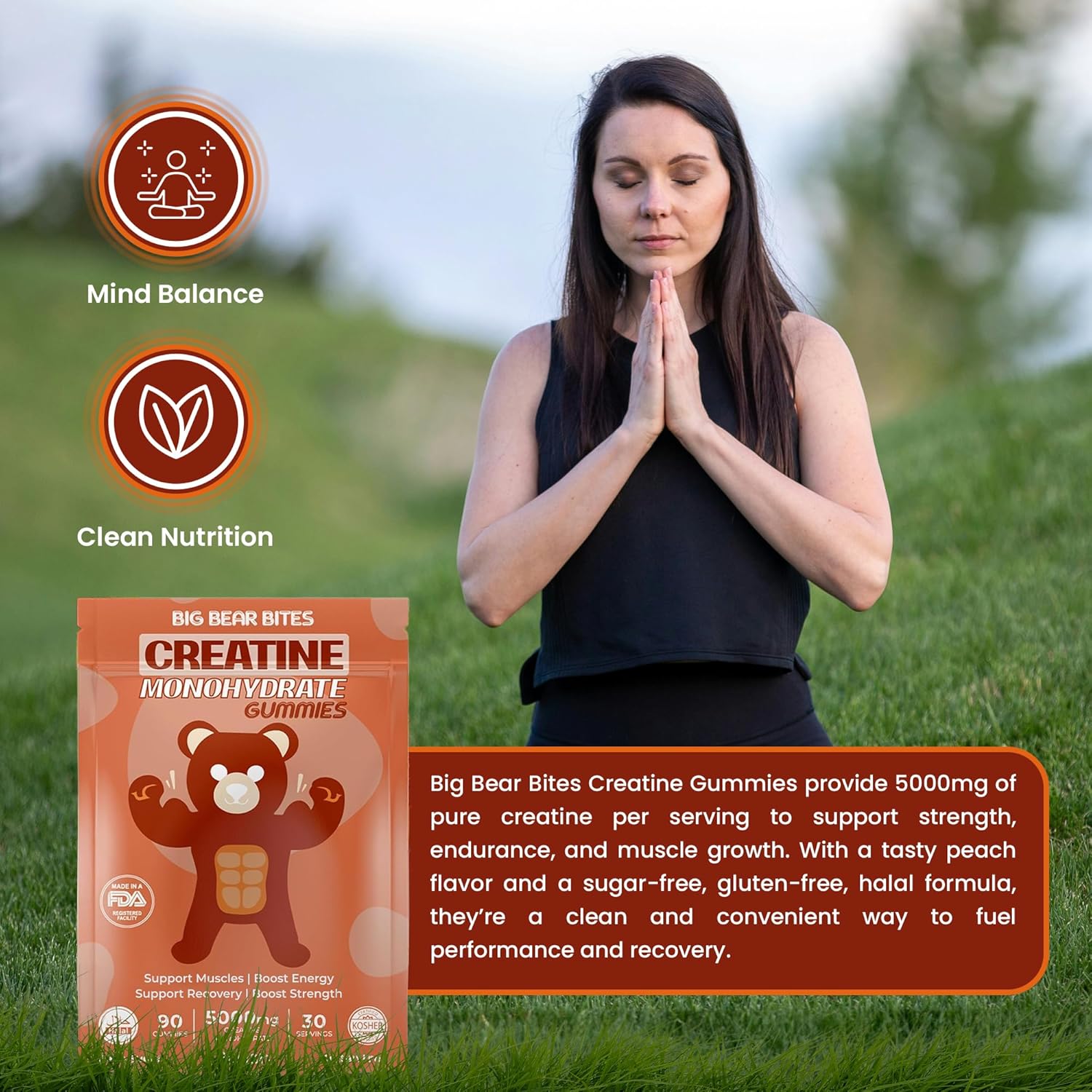 Creatine Monohydrate Gummies for Men & Women | 5000Mg of Creatine Gummies per Serving | Sugar, Gluten Free & Halal | Pack of 90 for Pre Workout & Muscle Recovery | Peach Flavor