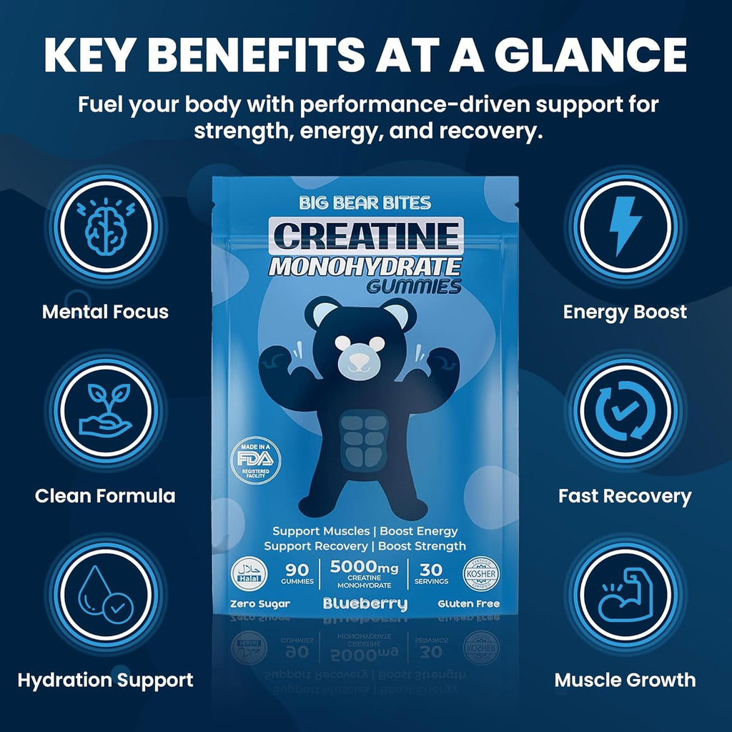 Creatine Monohydrate Gummies for Men & Women | 5000Mg of Creatine Gummies per Serving | Sugar, Gluten Free & Halal | Pack of 90 for Pre Workout & Muscle Recovery | Blueberry Flavor