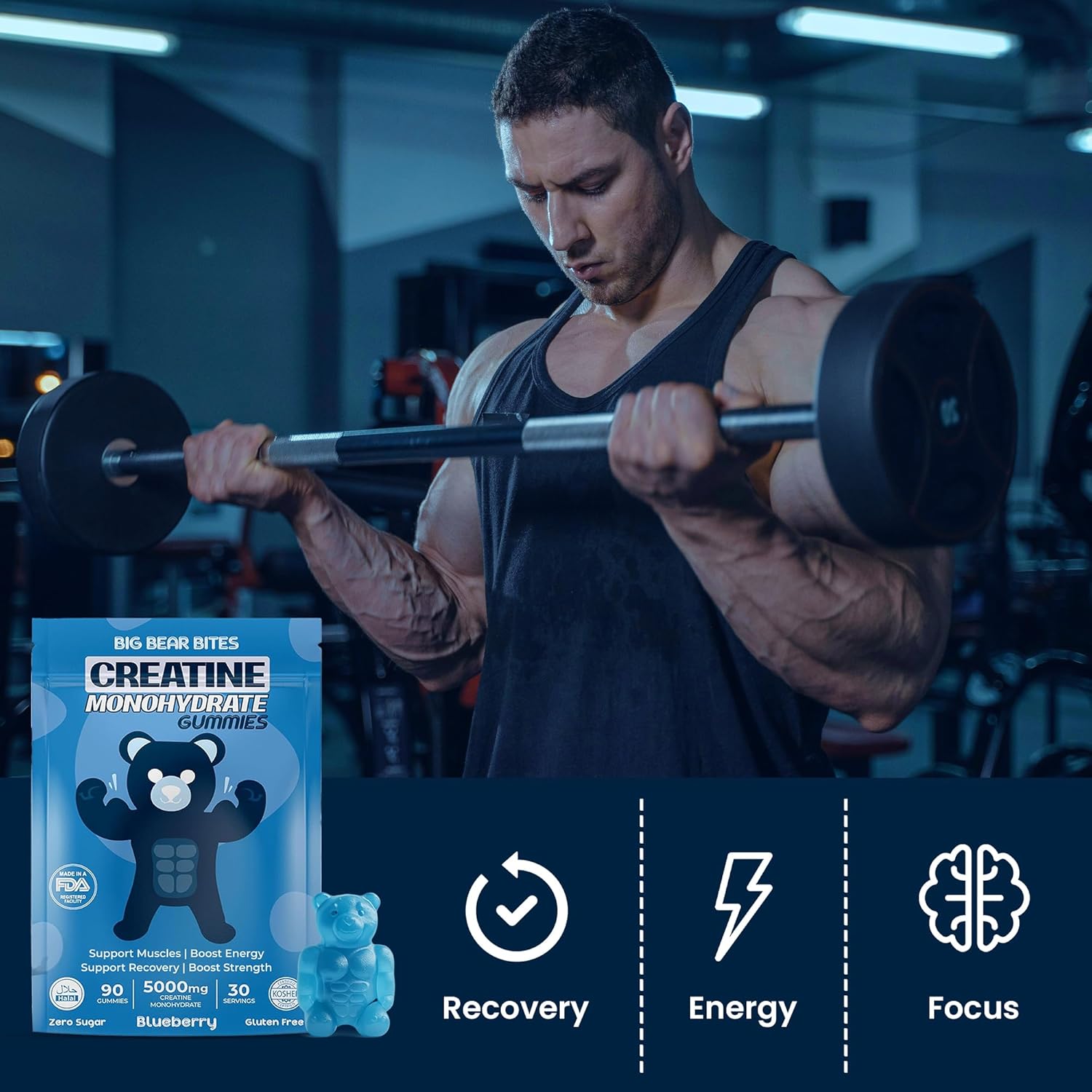 Creatine Monohydrate Gummies for Men & Women | 5000Mg of Creatine Gummies per Serving | Sugar, Gluten Free & Halal | Pack of 90 for Pre Workout & Muscle Recovery | Blueberry Flavor