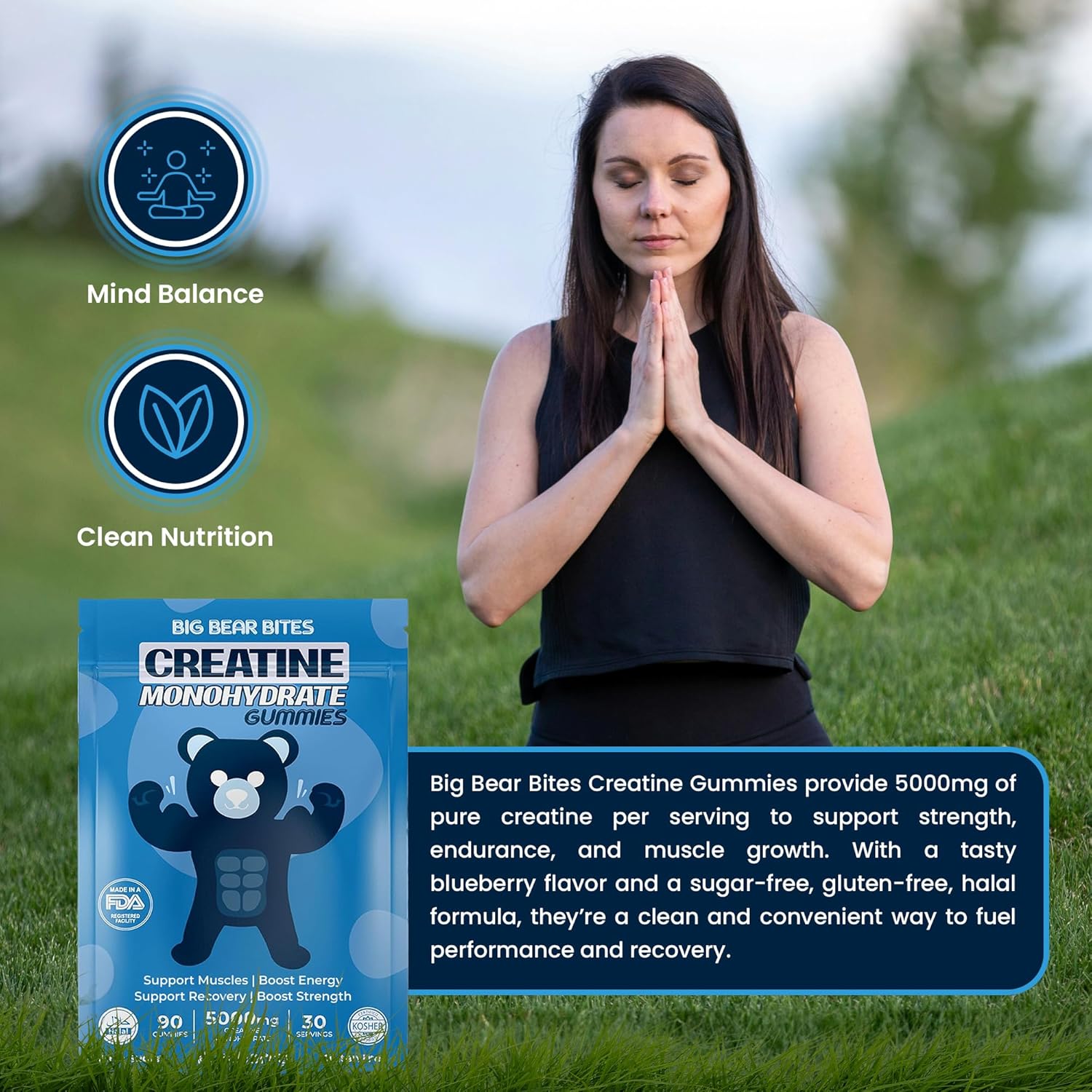 Creatine Monohydrate Gummies for Men & Women | 5000Mg of Creatine Gummies per Serving | Sugar, Gluten Free & Halal | Pack of 90 for Pre Workout & Muscle Recovery | Blueberry Flavor