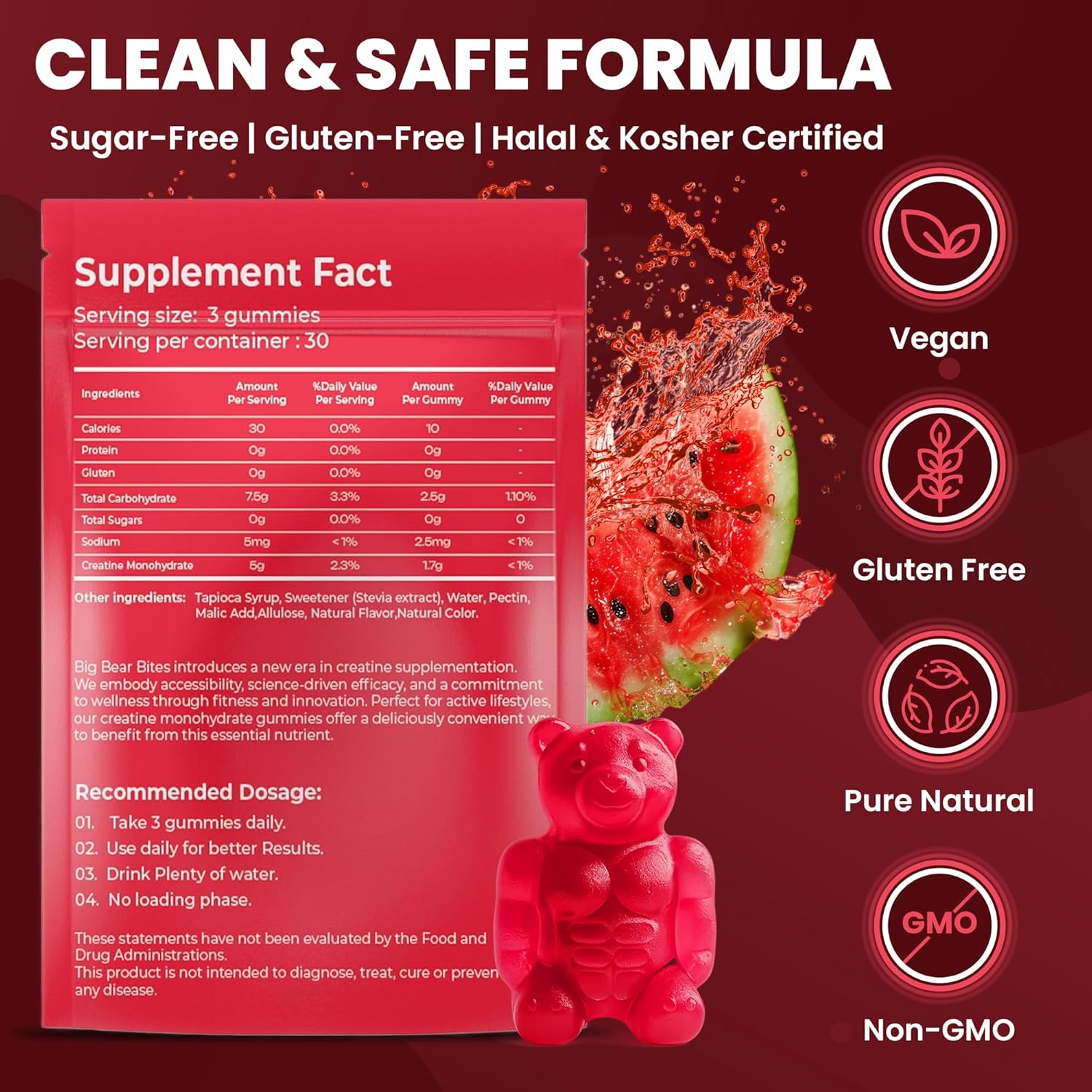 Creatine Monohydrate Gummies for Men & Women | 5000Mg of Creatine Gummies per Serving | Sugar, Gluten Free & Halal | Pack of 90 for Pre Workout & Muscle Recovery | Watermelon Flavor